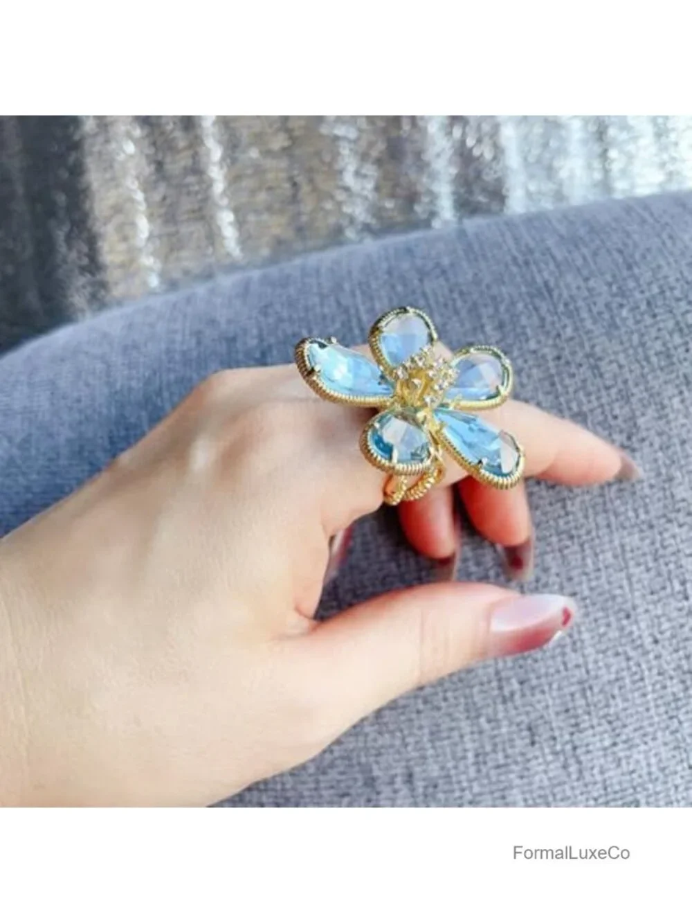 Large Flower Crystal Ring Adjustable Zircon Statement Jewelry